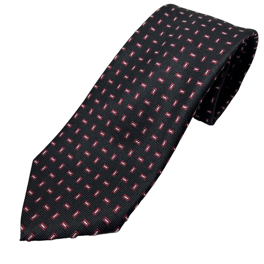 Brooks Brothers Mens Silk Tie Black Red Geometric Square Pattern Classic Necktie
